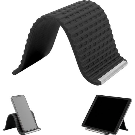 Support Téléphone Portable Pliable en Silicone, Support Bureau Universel Antidérapant pour Smartphone et Tablette, Réglable et Ergonomique (Noir) (1/5)