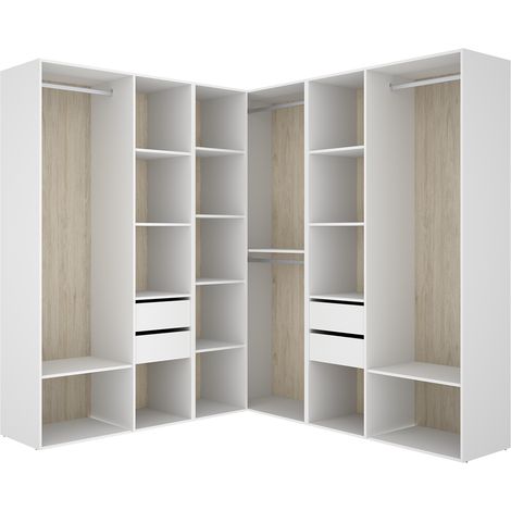 Pegane – Armoire d’angle dressing ouverte 4 penderies 4 tiroirs – Dimensions 204,5 x 182,4 x 186,3 cm – Mélamine blanc/naturel (1/5)