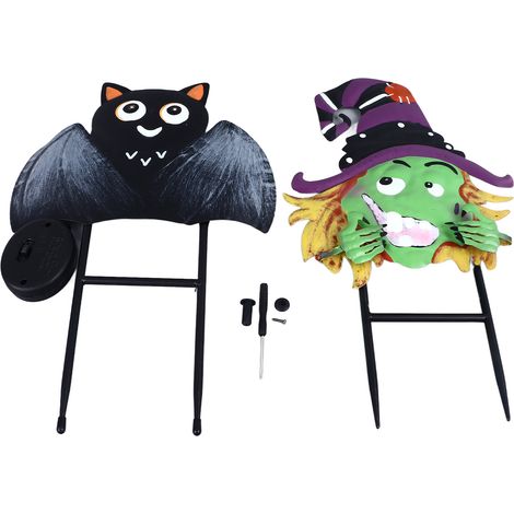 Piquet de jardin Halloween solaire Lot de 2 décorations extérieures en métal sorcière et chauve-souris éclairage LED automatique pour allée pelouse ambiance festive (1/5)