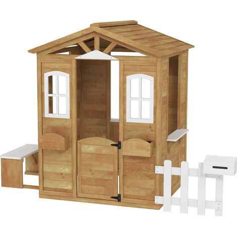 Cabane jeu enfants maison jardin bois porte fenêtres banc boîte aux lettres clôture 3-6 ans 115x100x130cm