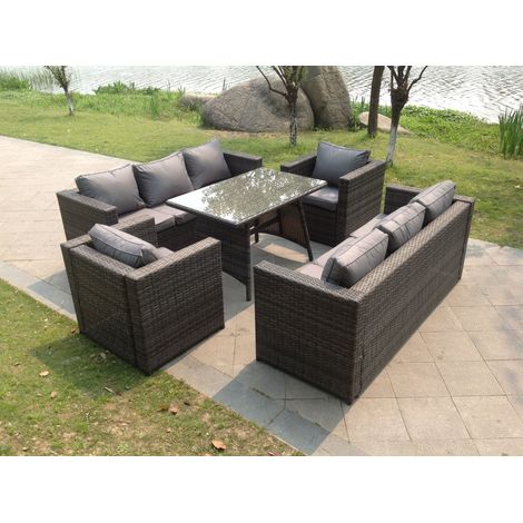 Fimous 8 Seater Lounge Rattan Sofa Set Dining Table Armchairs Garden Furniture Outdoor With Clear Tempered Glass