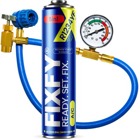 Kit di ricarica Fixfy 5 in 1 per condizionatori, bomboletta grande da 500 ml + tubo flessibile con manometro + adattatore R1234yf (1/5)