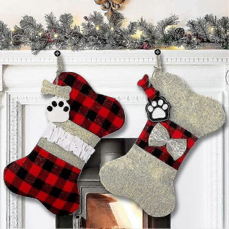 Chaussettes de Noël pour chiens (lot de 2), chaussettes de Noël à carreaux Buffalo, grandes chaussettes suspendues en forme d'os pour animaux de compagnie (1/4)