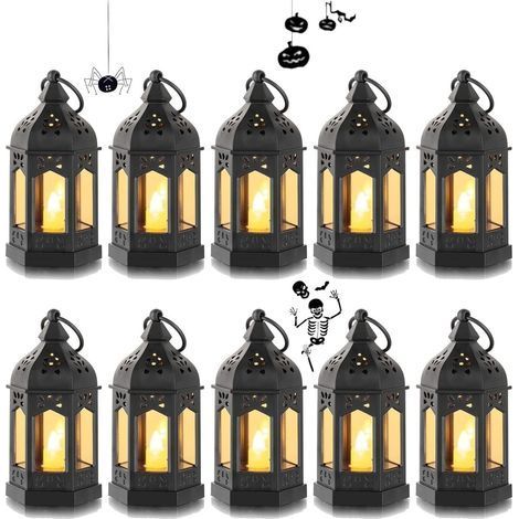 Mini Lanterne LED Exterieur - Lot de 10 Lanterne Bougie Noir Decorative Bougeoir pour Halloween, Ramadan, Mariage, Noel, Decoration de Table, Piles Incluses (1/4)