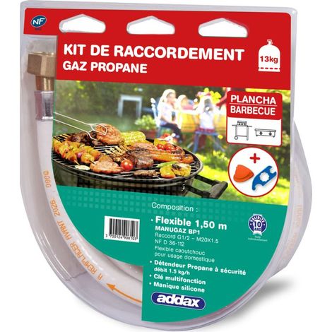 Kit de connexion propane – Détendeur avec flexible 1,50m – Clé multifonction pour bouteille 13kg – Accessoire réchaud à gaz – Addax
