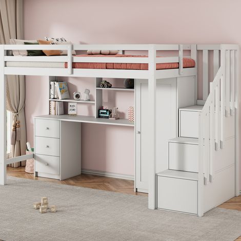 Lit enfant mezzanine 90x200 avec bureau, armoire, rangements et escalier, blanc OKMYHOME (1/5)