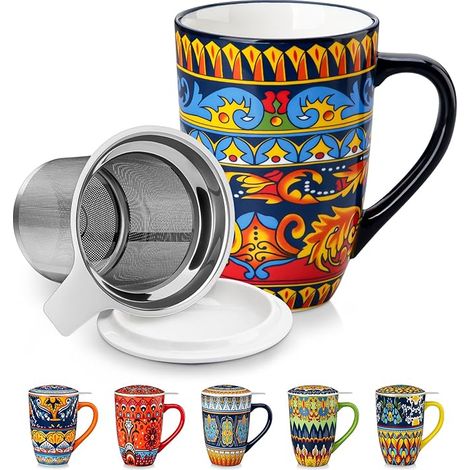 Tasse à Thé Café avec Couvercle et Filtre Céramique Compatible Lave vaisselle Micro ondes Style Bohème (1/5)