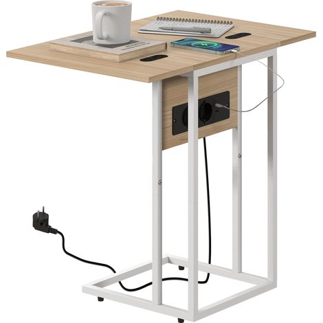 Mesa Auxiliar para Sofá con Encimera Plegable y Estación de Carga Forma de C para Salón Blanco y Natural (1/5)