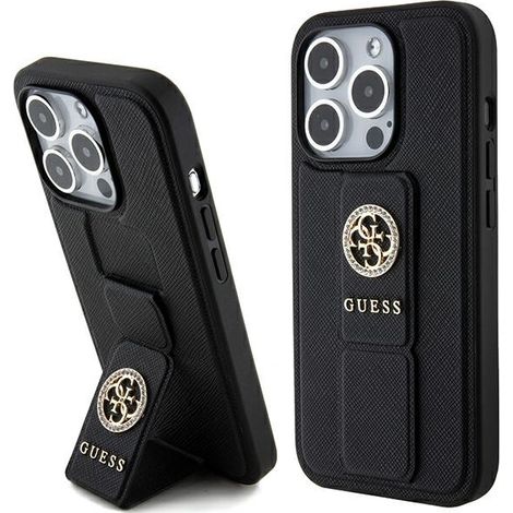 Guess GUHCP15XPGSSADK iPhone 15 Pro Max 6.7 negro/negro funda rígida con soporte y agarre 4G Saffiano Strass (1/5)