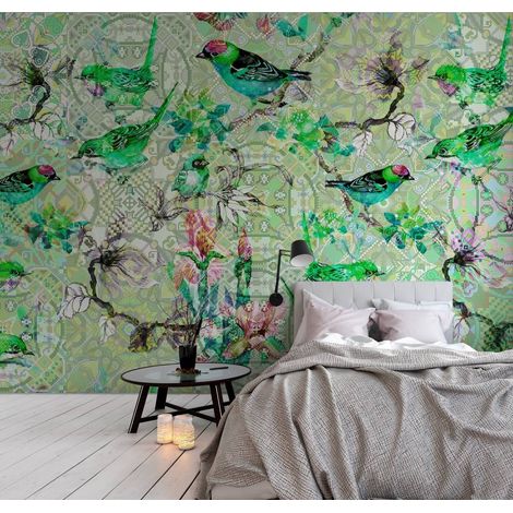 Papier peint panoramique vert fleuri pour chambre | Tapisserie panoramique à motif mandalas | Papier peint panoramique oiseaux  - 270 x 400 cm (4 pièces) (1/5)