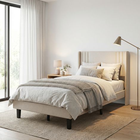Erwachsenenbett 90x200 mit geräuschlosem Lattenrost, Bettgestell aus Metall und Holz, Leinenstoff, modernes skandinavisches Design, Beige (1/5)
