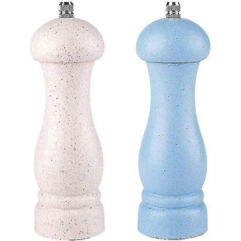 Lot de 2 moulins à sel et poivre en chêne de haute qualité, réglage fin et grossier, rechargeables (bleu, blanc) (1/4)