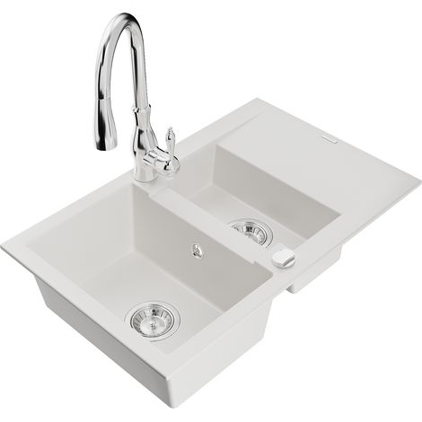 Mexen Gaspar lavello in granito 1,5 vasca con scolapiatti e rubinetto da cucina Savita, bianco - 6507-20-672601-00 (1/5)