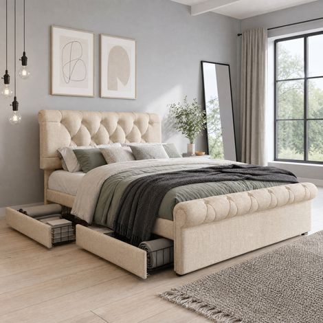 CHICFURN Letto matrimoniale capitonné 140x200 cm naturale, 4 cassetti, testiera regolabile (1/5)