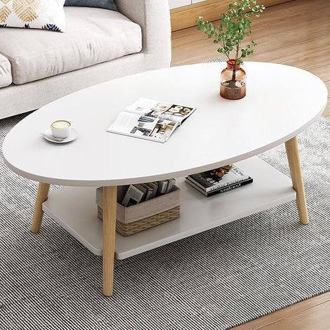 Modern Oval Coffee Table, Double Layer Wooden Table with Shelf Board Thickness 15 mm, White End Table with Pine Legs for Living Room and Apartment (100 x 40 x 40 cm) (1/5)