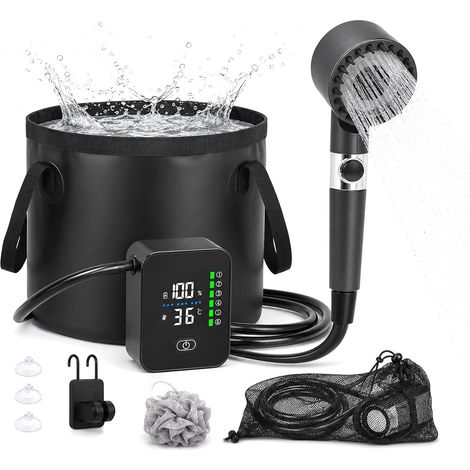 Douche de camping portable, avec pompe, batterie rechargeable 8000mAh Douche mobile, kit de douche de camping comprenant un pommeau de douche réglable, avec seau pliable de 20L, IPX7 étanche (1/5)