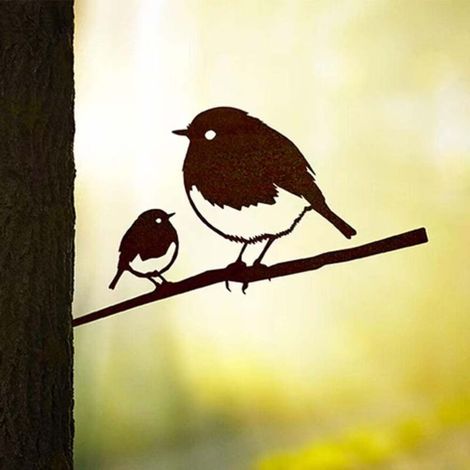 Oiseaux sur pique couple de rouge-gorge en acier corten (1/4)