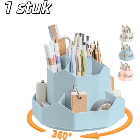 Porte stylos de bureau rotatif à 360° avec 9 compartiments pour fournitures scolaires et accessoires de bureau bleu (1/5)