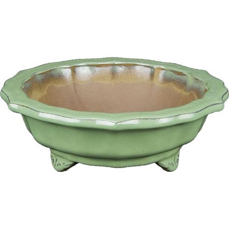 Vaso per bonsai rotondo (forma a fior di loto) in gres smaltato verde 19,5x19,5x5 cm - YP55P