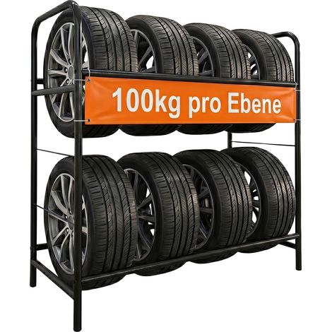 Relaxdays Reifenregal für 8 Reifen, HxBxT: 106 x 106 x 46 cm, 200 kg, Stahl, 2 Ebenen, Räderregal, Reifenlager, schwarz