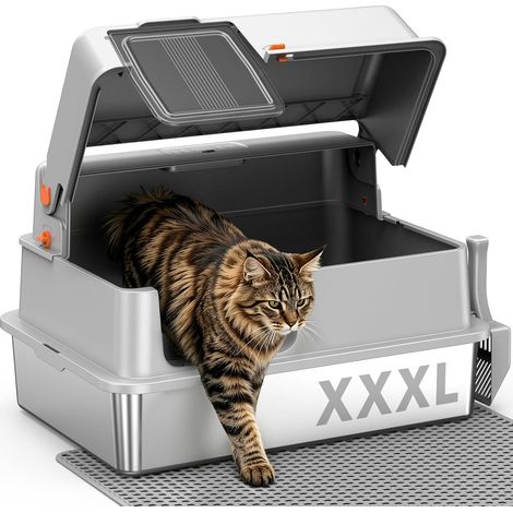 Stainless Steel Litter Tray XXXL Large Open Cat High Edges, Light Grey (1/5)