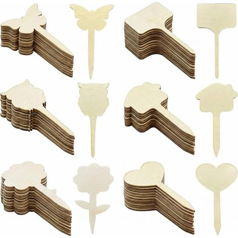 60 Pack Wooden Garden Labels - 6 Decorative Shapes - Eco Friendly Reusable Herb Vegetable Flower Labels for Indoor and Outdoor Use (1/5)