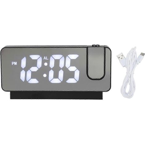 Réveil à projection rechargeable USB, lumière blanche, fonction snooze, luminosité réglable, miroir LED, réveil numérique, boîtier noir. (1/5)