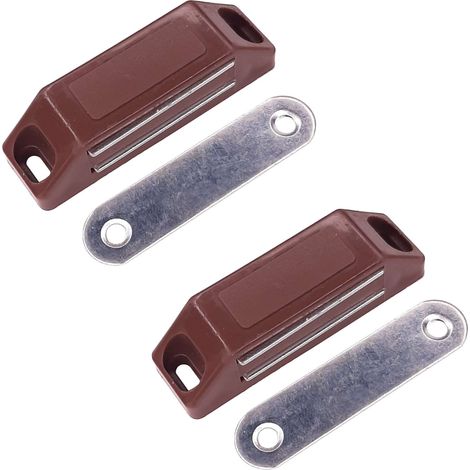 2x Loqueteau magnétique rectangulaire avec contre plaque acier Loquet Aimant Armoire Meuble Placard Frigo, marron foncé