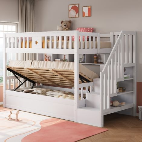 Etagenbett 90x200 cm mit Stauraumtreppe und hydraulischem Unterbett, Massivholz Hochbett für Kinderzimmer mit Regalen und Sicherheitsleiter, Weiß (1/5)