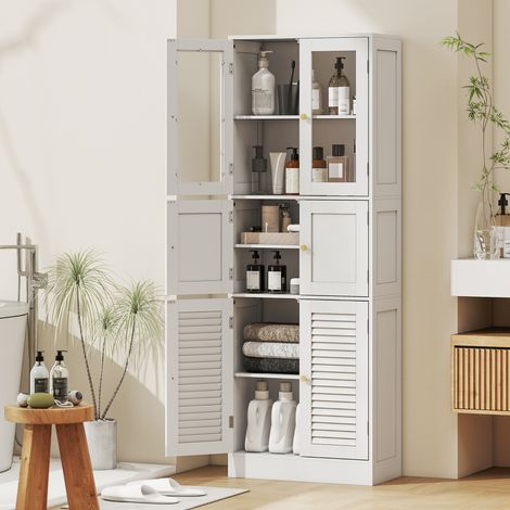 Meuble de salle de bain haut, meuble de rangement avec 6 portes dont 2 vitrées et 2 persiennes, étagère réglable, blanc (1/5)
