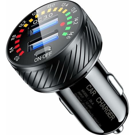Adattatore per accendisigari da auto con doppia porta USB QC 3.0 da 36 W, voltmetro a LED e interruttore di accensione/spegnimento. (1/5)