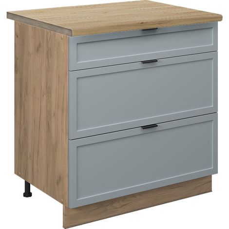 Mobiletto base per cucina Fame-Line, Blu-grigio chiaro, 80 cm con 3 cassetti, PL Rovere, Vicco