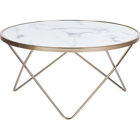 Mesa de centro tablero de cristal templado con efecto mármol blanco patas de horquilla de metal dorado forma redonda Meridian II (1/5)