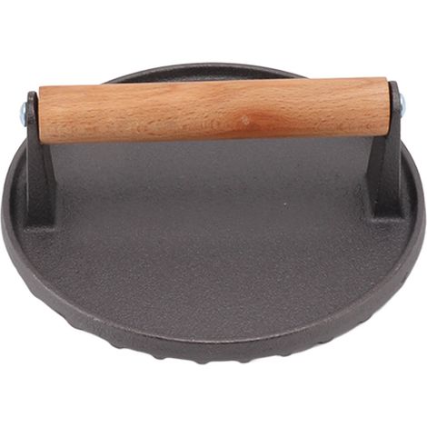 Presse à barbecue en fonte avec poignée en bois confortable, presse à viande ronde pour hamburgers et bacon au barbecue (1/5)