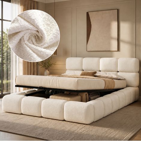 Cama tapizada 160/200 cm blanca en bouclé con arcón hidráulico y somier de láminas (1/5)