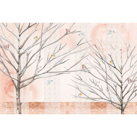 Papier peint panoramique nature à motifs arbre | Tapisserie panoramique animaux rouge et blanc salon | Papier peint panoramique oiseaux design - 267 x 400 cm (4 pièces) (1/2)