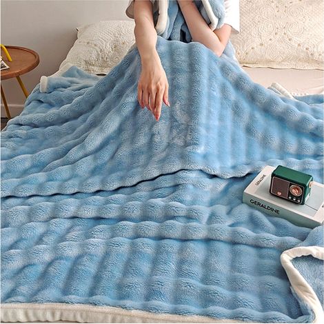 Couverte douce en peluche artificielle bleu ciel, double face, ultra-douce, chaude, respirante, antistatique, lavable en machine, 180x200 cm (1/5)