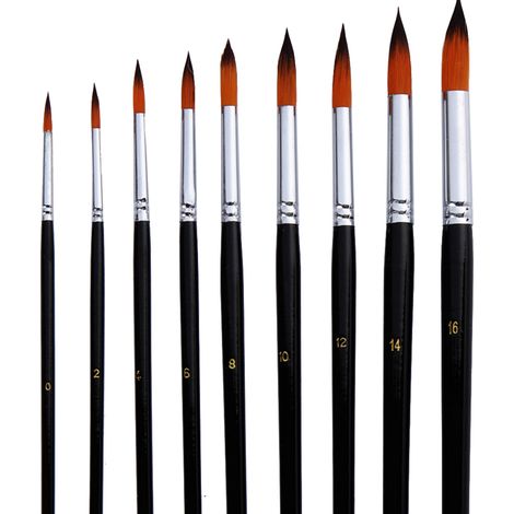 Ensemble de 9 pinceaux professionnels pour artistes, manches longs en bois noir, poils en nylon, pointe ronde, pour peinture acrylique, huile, aquarelle et gouache. (1/5)