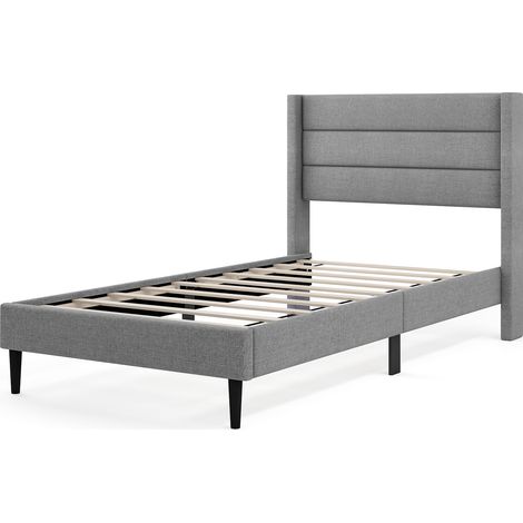 COSTWAY Single Bed Frame Linen Upholstered Platform Bed w/Headboard-Grey (1/5)