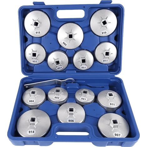 Alicates para filtros de aceite, juego de 15 piezas, construcción de aluminio, diseño ergonómico, compatibles con vasos universales, incluye estuche de almacenamiento. (1/5)