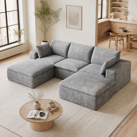 Sofá rinconero modular de 260 cm en terciopelo de canalé gris OKWISH (1/5)