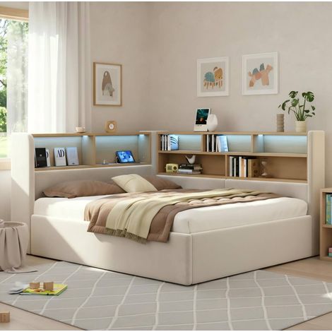 Cama tapizada con almacenaje hidráulico (214.5x160x90 cm), con LED, USB y Tipo C, terciopelo beige (1/5)