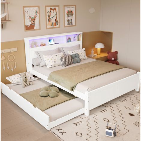 Letto adulti 120x200 cm con letto aggiuntivo 90x190 cm, vano portaoggetti, porta USB e illuminazione LED ambientale, bianco, senza materasso (1/5)