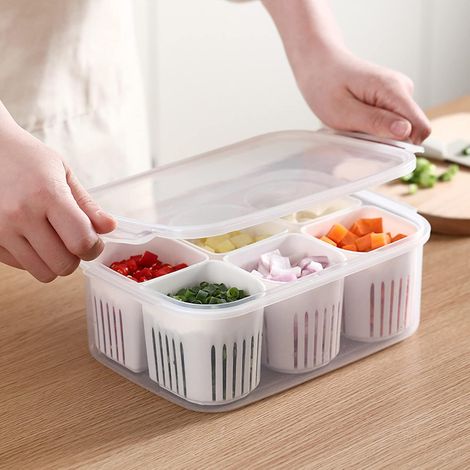 Un recipiente para almacenar alimentos en el refrigerador con tapa y 6 cestas de drenaje extraíbles recipiente de plástico blanco para alimentos. (1/3)