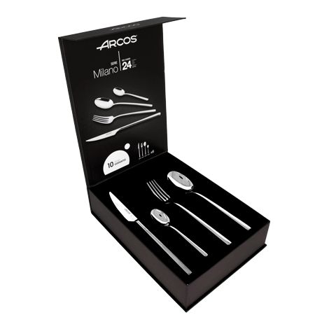 Posate Arcos Serie Milano - Posate de 24 Pezzi in Scatola de Regalo (6 Coltelli + 12 Cucchiai + 6 Forchette) - Monoblocco  una pezzo in Acciaio Inox - Colore Argento (Silver).
