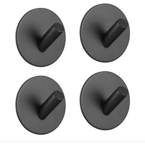 BEBUSINGOTO 4 ganchos adhesivos para toallero, de acero inoxidable, sin perforaciones, para cocina y sala de estar (ganchos redondos oblicuos negros) (1/5)