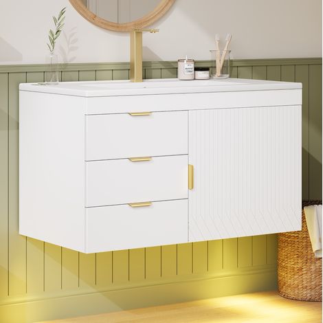 CHICFURN Mueble de baño suspendido 76 cm MDF blanco con LED y app, sin grifo (1/5)