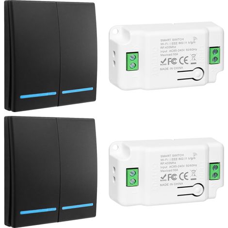 Interrupteur sans Fil, Interrupteur d'éclairage sans fil, RF 433Mhz Interrupteur va et Vient sans Fil et contrôleur 10A, installation facile, portée de 100 m - 2 interrupteurs noirs et 2 récepteurs (1/5)