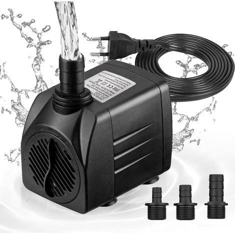 Mini pompa per acqua (1800 l/h, 25 W) - Pompa per laghetto / pompa per pozzo / pompa per acquario - Altezza massima di spruzzo: 2 m - Ventose sul fondo - Cavo di alimentazione da 1,8 m con 3 ugelli -
