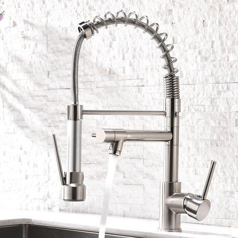 Kitchen tap with dual outlet and pull-out shower head, brushed nickel finish. (1/5)